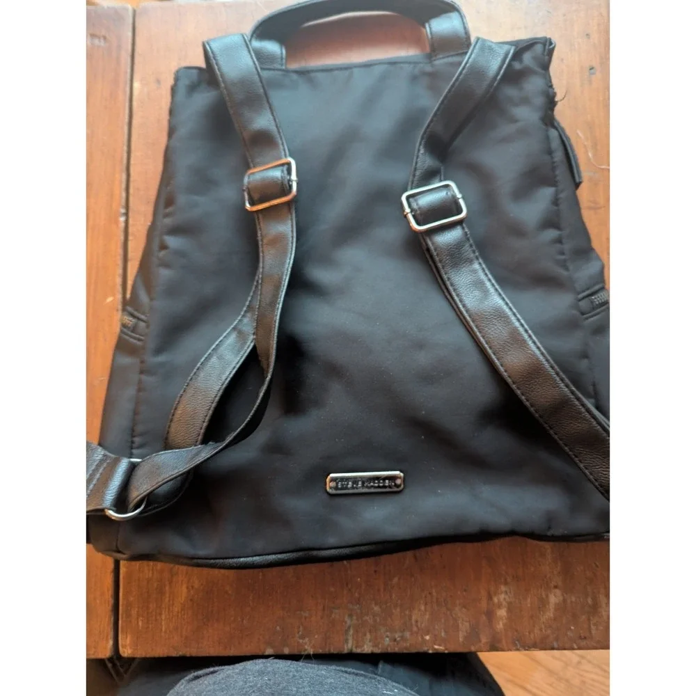 Steve Madden Black Nylon Faux leather Backpack Bag    Lining In Stripes